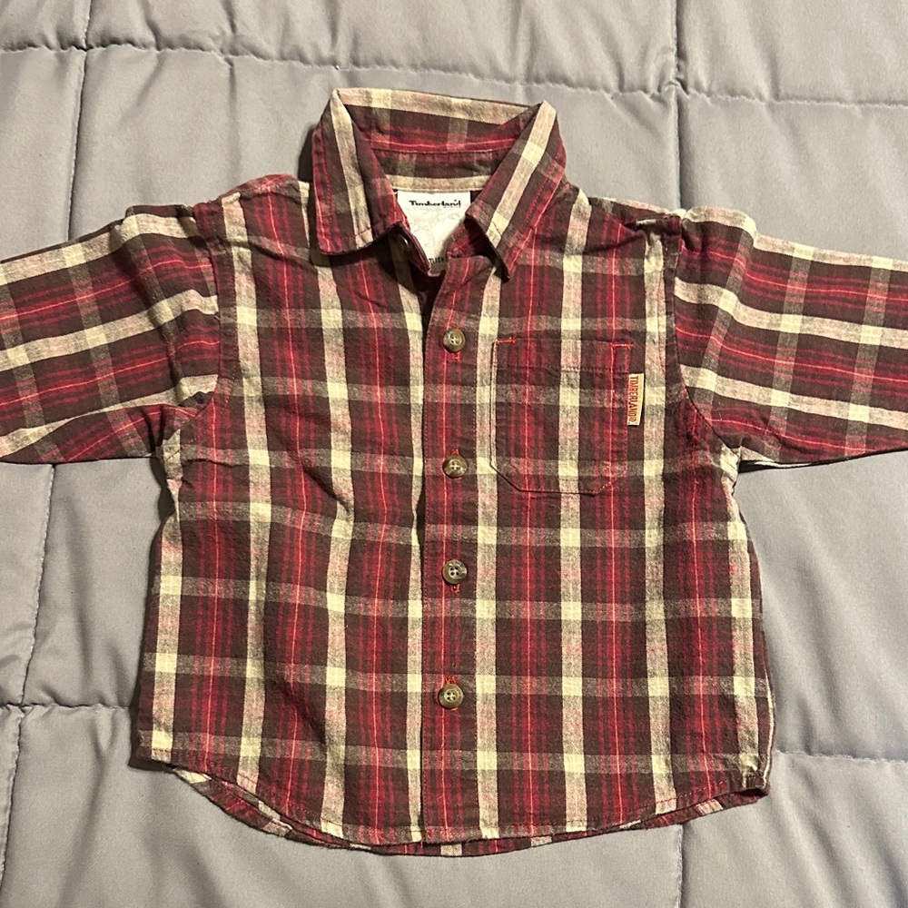 Timberland Plaid Shirt - Red and Cream Size: 6/9 months